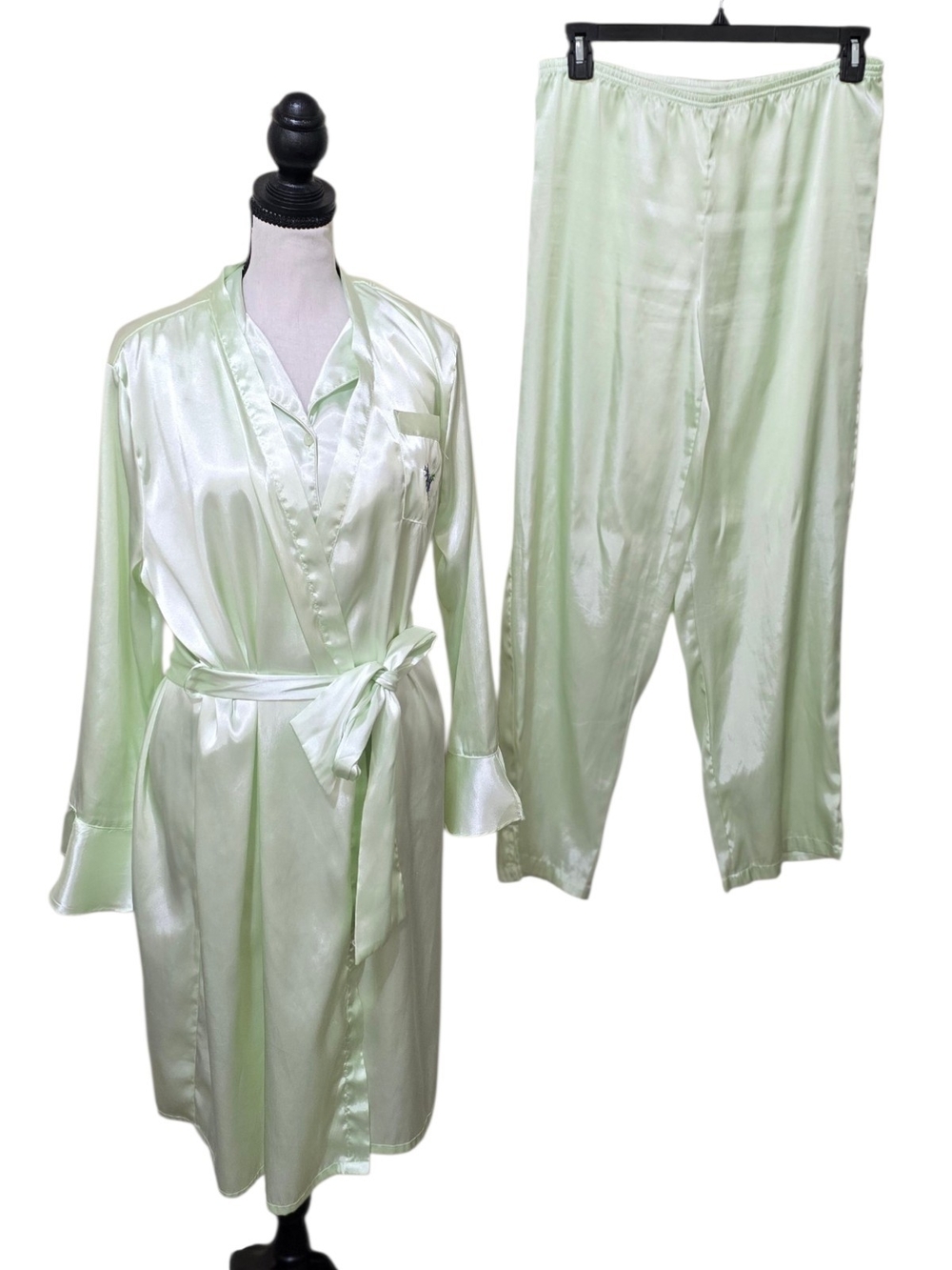 Pink K Vintage Mint Green Silky Pajamas Robe 3-Piece Set S/M Sleepwear Feminine